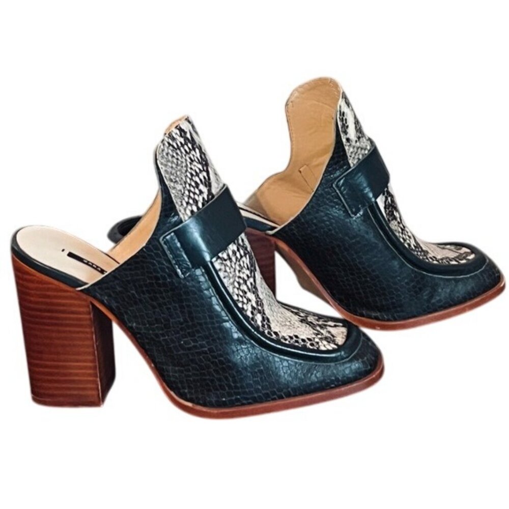 Zara Dark Green Leather & Snake-Print Block Heel Mules - Picture 2 of 11